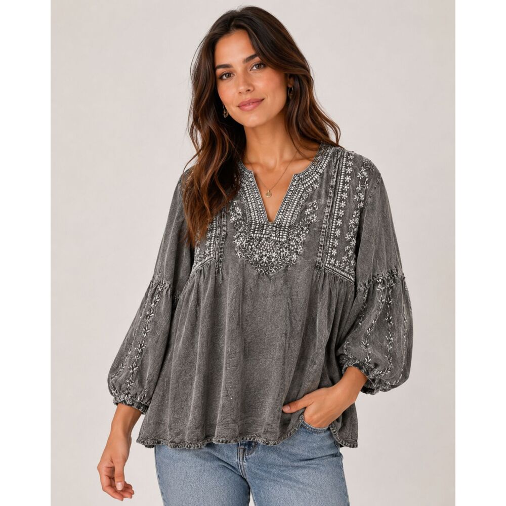 Chic Connection Women Embroidered Popover Top Long Sleeve V Neck Blouse M 1199N3